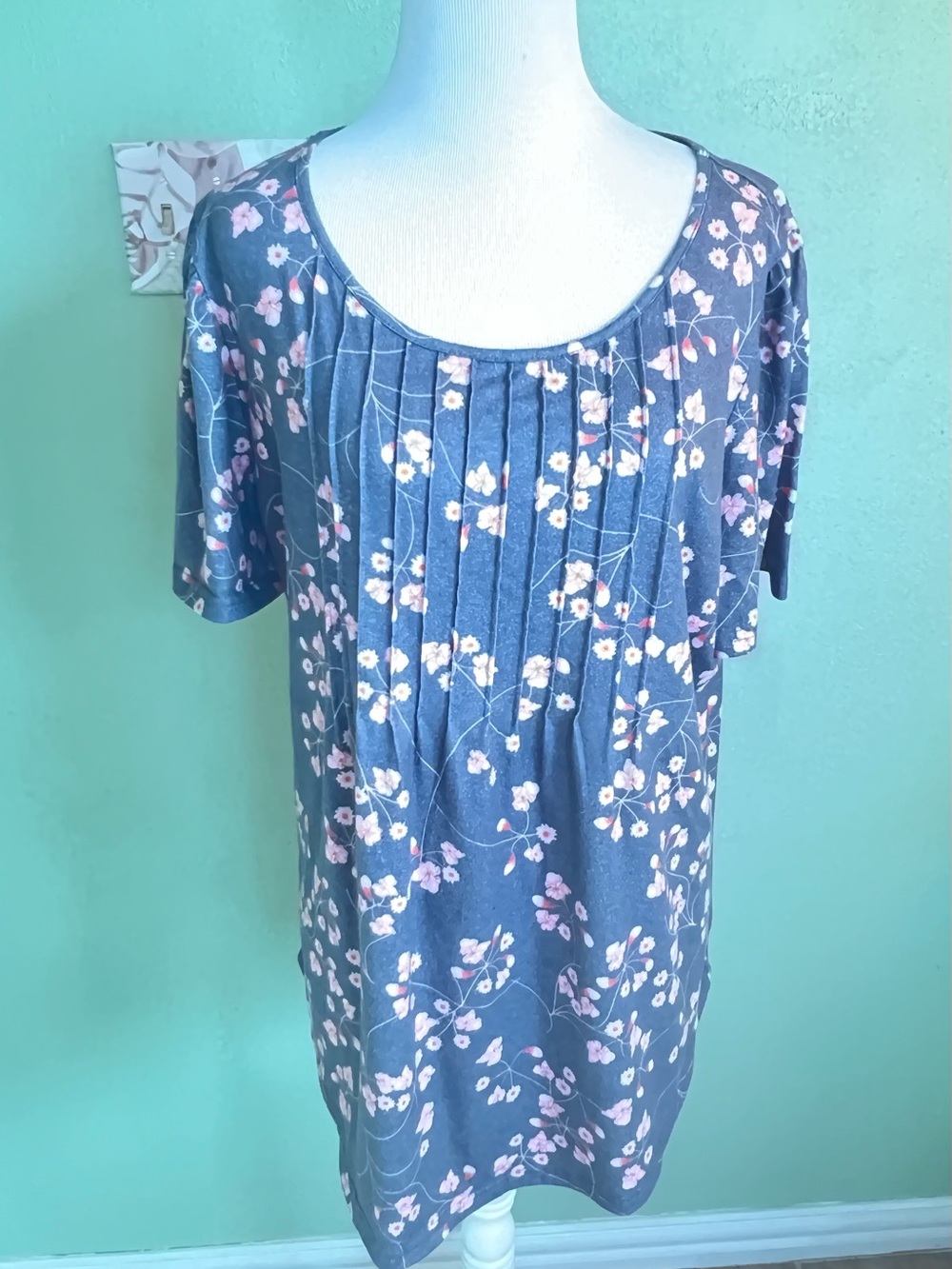 Pleated Scoop Neck Floral Tunic in Blue with Pink Blossoms
